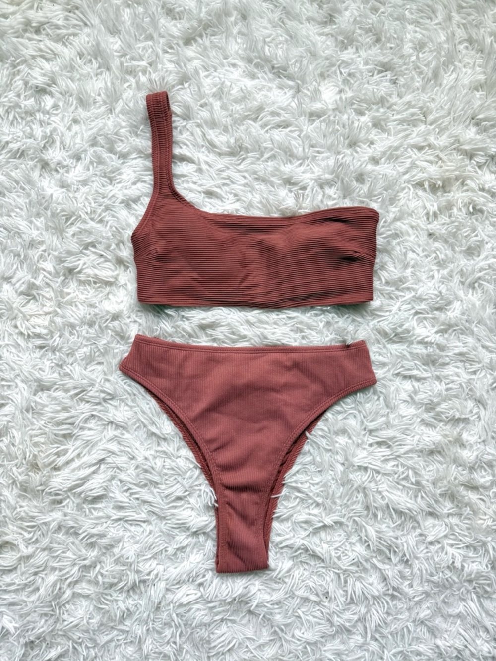 Garage One-Shoulder Ribbed Bikini Set in Rust Brown